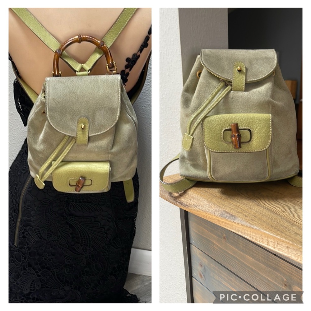 Authentic Gucci Bamboo Green Suede & Leather Vintage Backpack